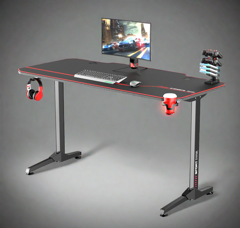 "55-inch carbon fiber gaming desk with LED lighting, USB charging station, dual monitor mount, and headphone hook – ideal for gaming or remote work setups"