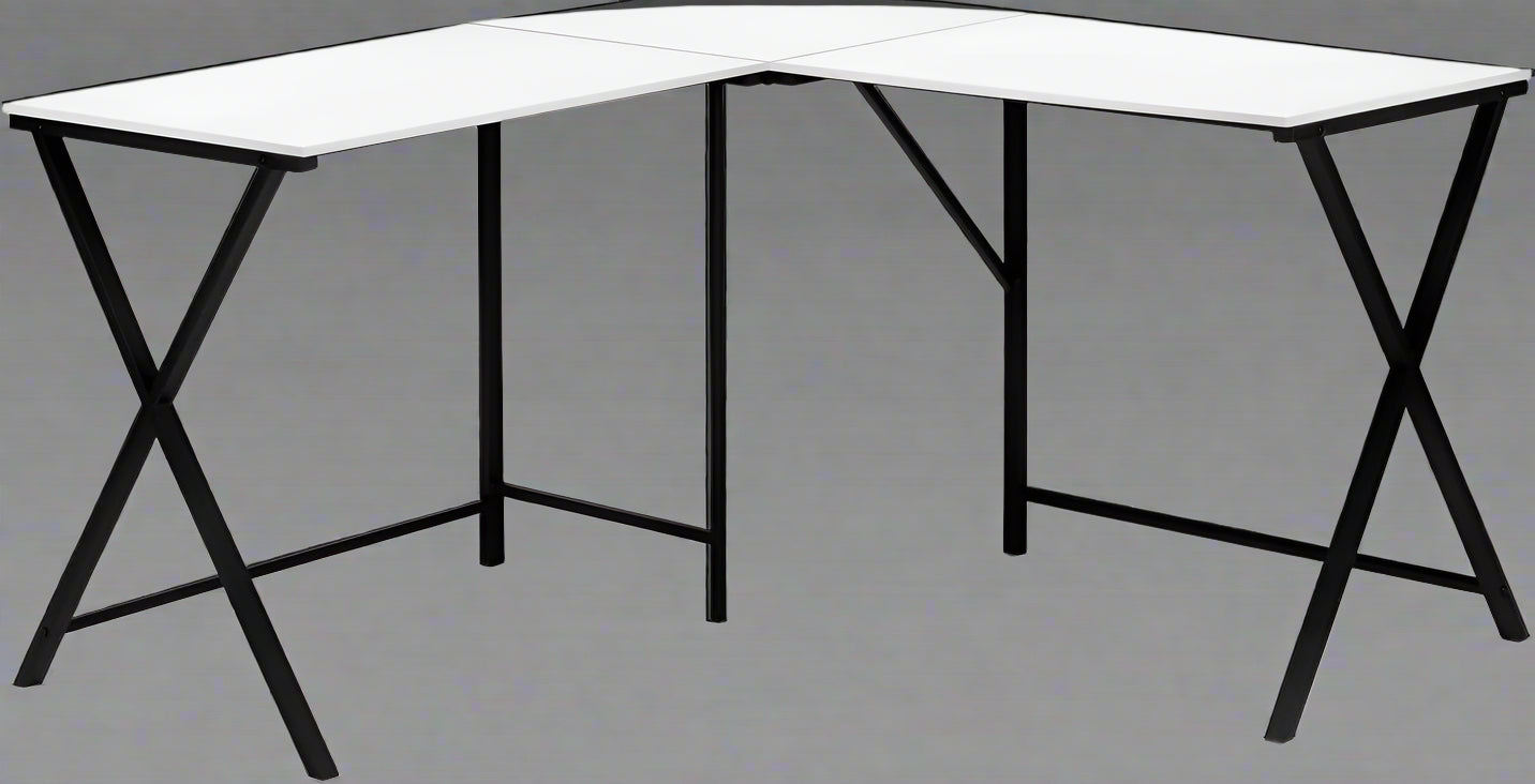 L-shaped white computer desk in home office with black frame

KW719W corner workstation desk with dual screen setup

55 inch modern corner desk for small space

L-shaped study desk with laminate top and metal legs