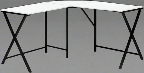 L-shaped white computer desk in home office with black frame

KW719W corner workstation desk with dual screen setup

55 inch modern corner desk for small space

L-shaped study desk with laminate top and metal legs