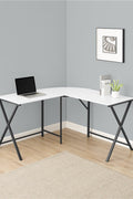 L-shaped white computer desk in home office with black frame

KW719W corner workstation desk with dual screen setup

55 inch modern corner desk for small space

L-shaped study desk with laminate top and metal legs