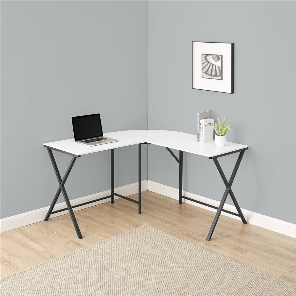 L-shaped white computer desk in home office with black frame

KW719W corner workstation desk with dual screen setup

55 inch modern corner desk for small space

L-shaped study desk with laminate top and metal legs