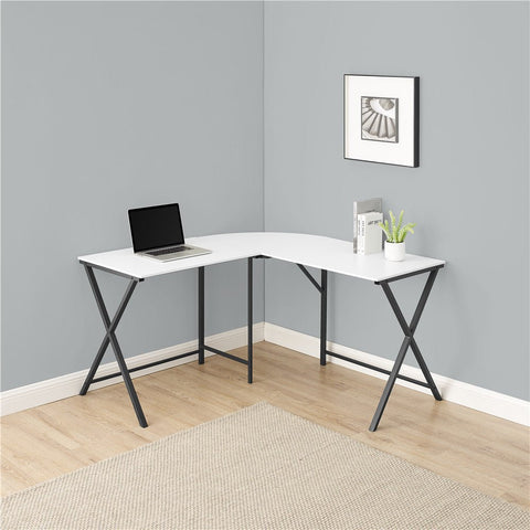 L-shaped white computer desk in home office with black frame

KW719W corner workstation desk with dual screen setup

55 inch modern corner desk for small space

L-shaped study desk with laminate top and metal legs