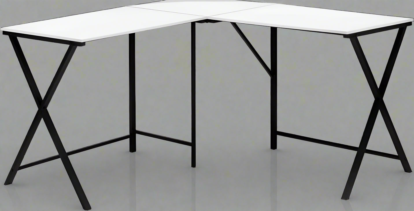 L-shaped white computer desk in home office with black frame

KW719W corner workstation desk with dual screen setup

55 inch modern corner desk for small space

L-shaped study desk with laminate top and metal legs