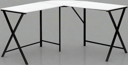 L-shaped white computer desk in home office with black frame

KW719W corner workstation desk with dual screen setup

55 inch modern corner desk for small space

L-shaped study desk with laminate top and metal legs