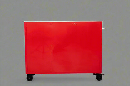 Red Siebel 55-inch tool bench with stainless steel top and drawers

Green enamel 10-drawer workbench on caster wheels

Close-up of 10 drawer tool storage cabinet – black finish

Side view of industrial mobile tool bench

Heavy-duty workstation with stainless worktop and locking wheels