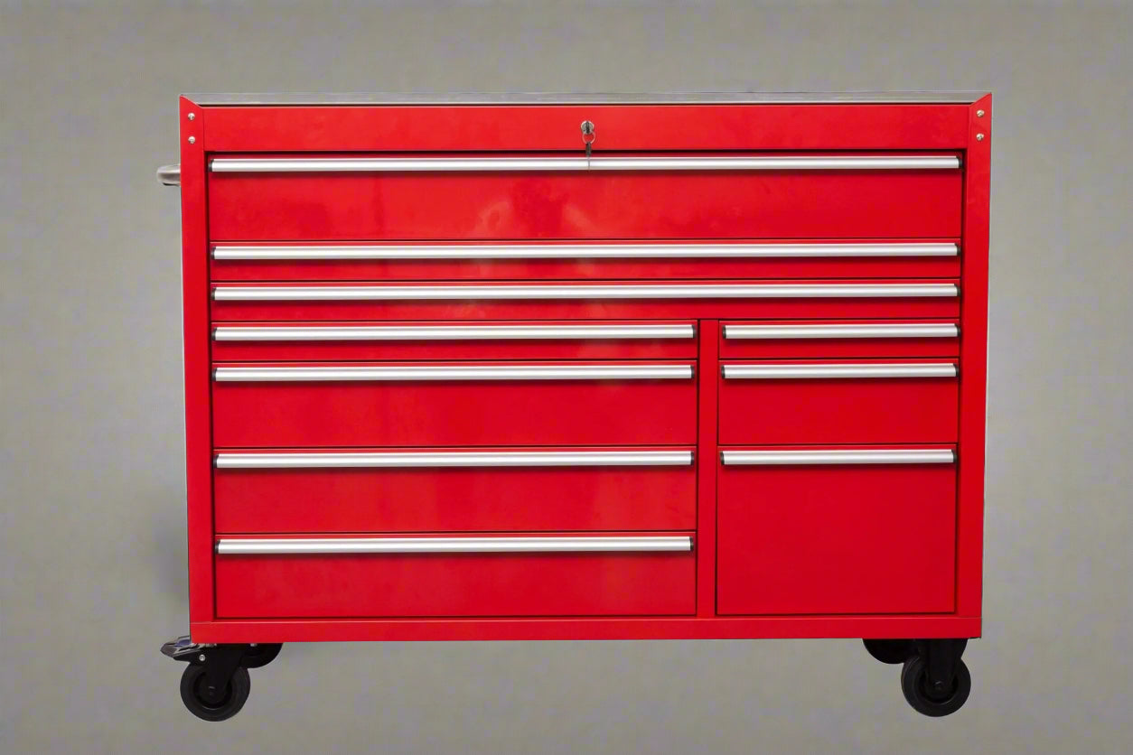 Red Siebel 55-inch tool bench with stainless steel top and drawers

Green enamel 10-drawer workbench on caster wheels

Close-up of 10 drawer tool storage cabinet – black finish

Side view of industrial mobile tool bench

Heavy-duty workstation with stainless worktop and locking wheels