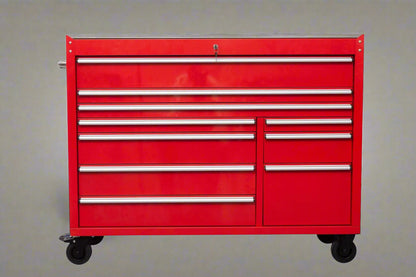 Red Siebel 55-inch tool bench with stainless steel top and drawers

Green enamel 10-drawer workbench on caster wheels

Close-up of 10 drawer tool storage cabinet – black finish

Side view of industrial mobile tool bench

Heavy-duty workstation with stainless worktop and locking wheels