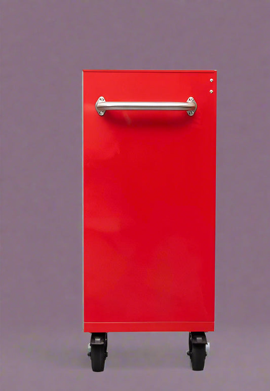 Red Siebel 55-inch tool bench with stainless steel top and drawers

Green enamel 10-drawer workbench on caster wheels

Close-up of 10 drawer tool storage cabinet – black finish

Side view of industrial mobile tool bench

Heavy-duty workstation with stainless worktop and locking wheels