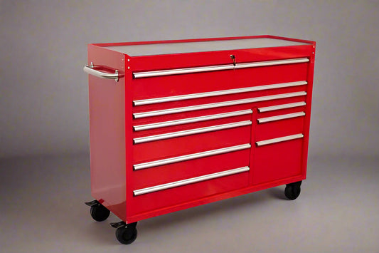 Red Siebel 55-inch tool bench with stainless steel top and drawers

Green enamel 10-drawer workbench on caster wheels

Close-up of 10 drawer tool storage cabinet – black finish

Side view of industrial mobile tool bench

Heavy-duty workstation with stainless worktop and locking wheels