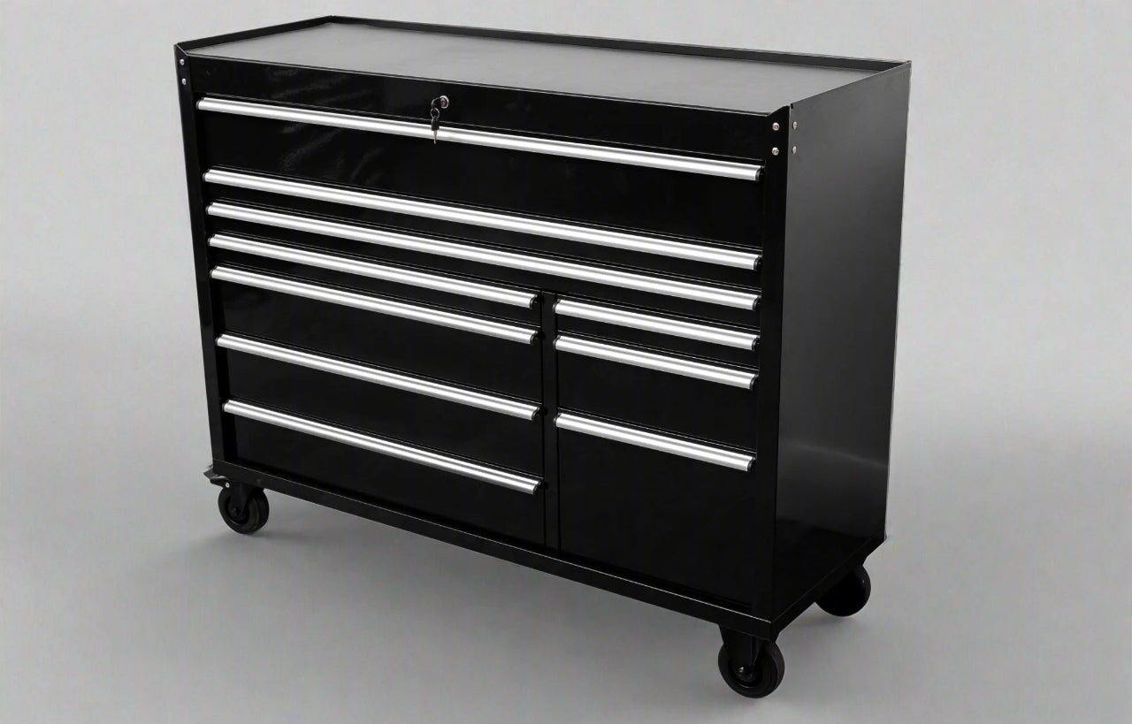 Red Siebel 55-inch tool bench with stainless steel top and drawers

Green enamel 10-drawer workbench on caster wheels

Close-up of 10 drawer tool storage cabinet – black finish

Side view of industrial mobile tool bench

Heavy-duty workstation with stainless worktop and locking wheels