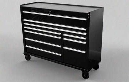 Red Siebel 55-inch tool bench with stainless steel top and drawers

Green enamel 10-drawer workbench on caster wheels

Close-up of 10 drawer tool storage cabinet – black finish

Side view of industrial mobile tool bench

Heavy-duty workstation with stainless worktop and locking wheels
