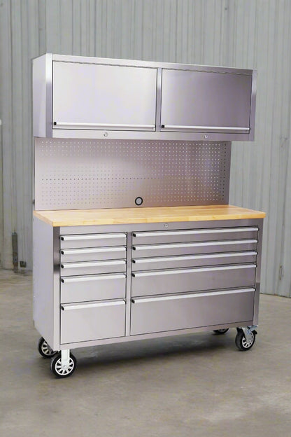 55 inch stainless steel garage cabinet with drawers and pegboard – HTCS52W
Tool chest with wood top and upper storage cabinets for workshop use