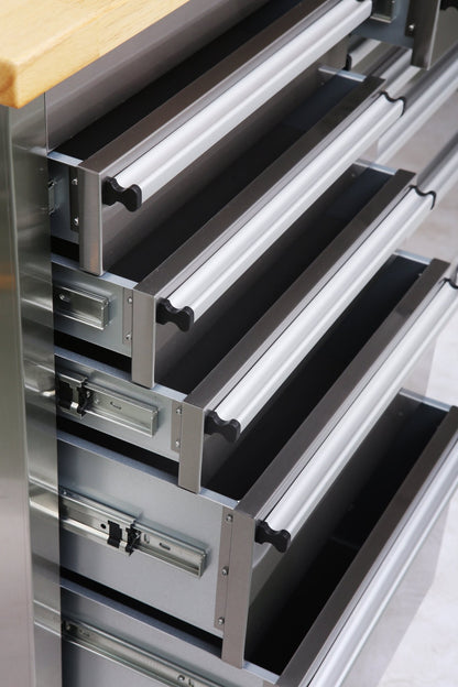 55 inch stainless steel garage cabinet with drawers and pegboard – HTCS52W
Tool chest with wood top and upper storage cabinets for workshop use