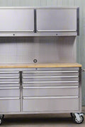 55 inch stainless steel garage cabinet with drawers and pegboard – HTCS52W
Tool chest with wood top and upper storage cabinets for workshop use
