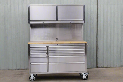 55 inch stainless steel garage cabinet with drawers and pegboard – HTCS52W
Tool chest with wood top and upper storage cabinets for workshop use