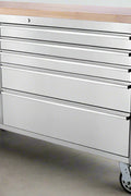 56” Stainless Steel Tool Bench Front View with Wood Top and Drawers