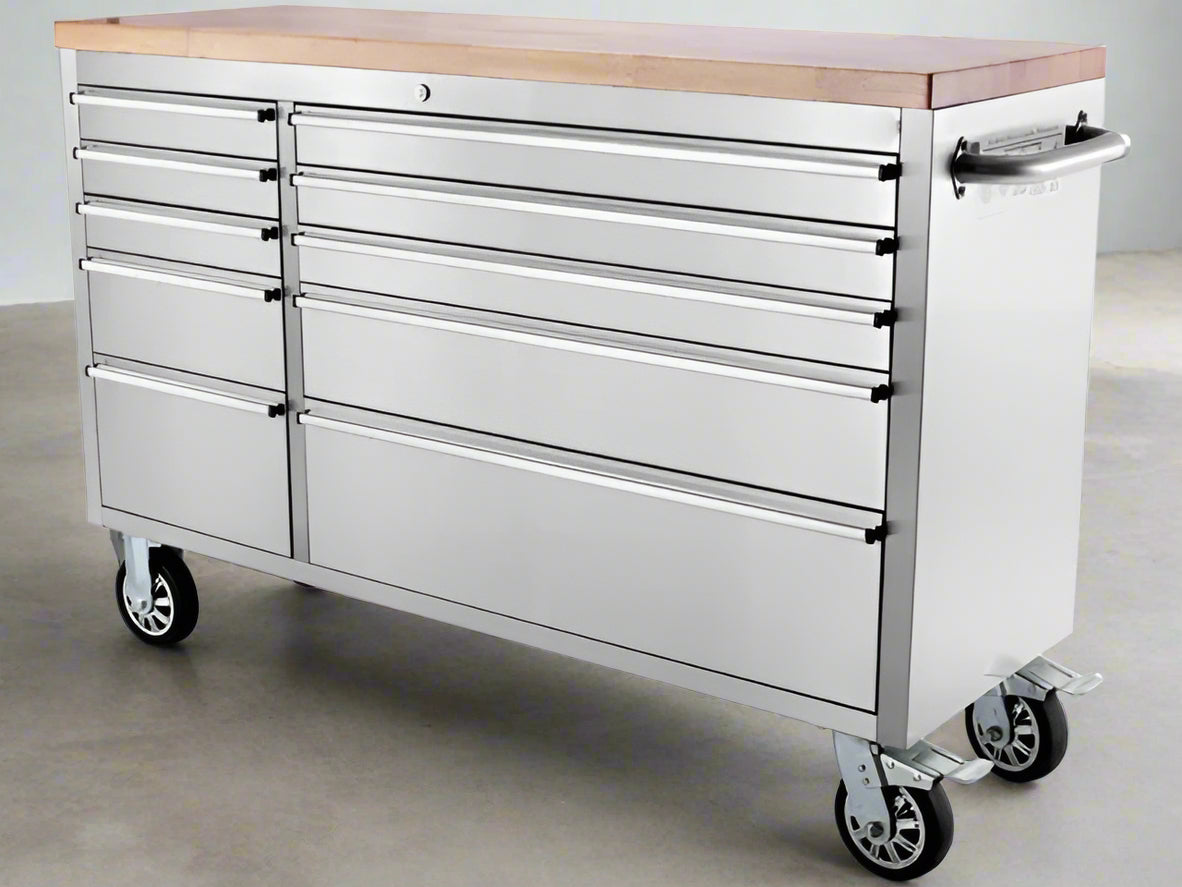 56” Stainless Steel Tool Bench Front View with Wood Top and Drawers
