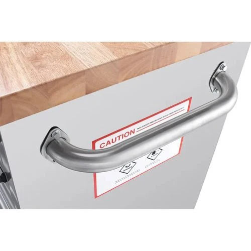Close-Up of Lockable Drawers and Aluminum Handles. Tool Bench on 6” Casters for Easy Mobility