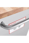 Close-Up of Lockable Drawers and Aluminum Handles. Tool Bench on 6” Casters for Easy Mobility