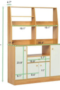 Front view of 56-inch brown wood kitchen pantry cabinet with microwave shelf
Multi-shelf hutch kitchen cabinet with closed storage
Wooden microwave stand with upper and lower cabinets
Kitchen sideboard and microwave hutch in modern dining area
Brown pantry storage cabinet for appliances and utensils