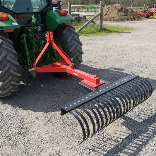 Red 5 FT landscape rake for tractor with 3-point hitch

Side view of landscape rake attachment on concrete

Close-up of tine design and mounting frame

3-point hitch mount landscape rake back view
