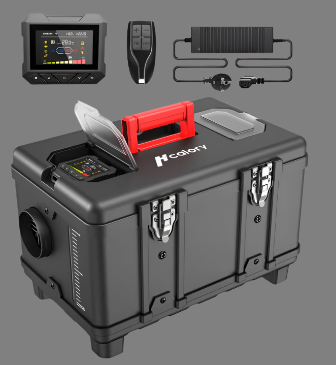 Portable 5L diesel heater in compact toolbox-style case

Heater unit showing dual AC and DC input ports

Close-up of advanced fuel output control display

Portable heater shown in car trunk for mobile use

5L heater for garages, camping, and home emergencies