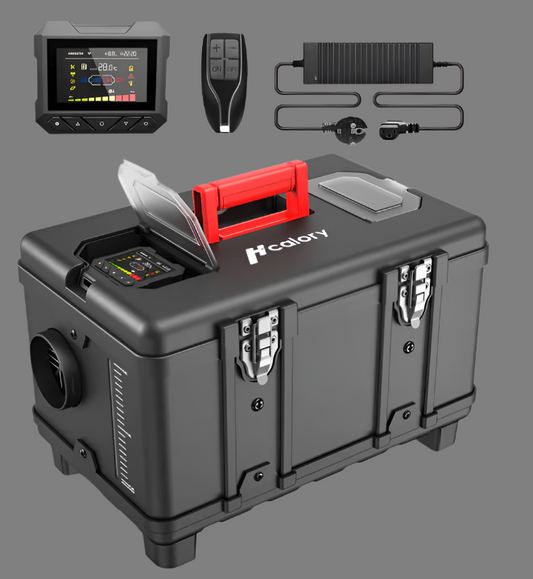 Portable 5L diesel heater in compact toolbox-style case

Heater unit showing dual AC and DC input ports

Close-up of advanced fuel output control display

Portable heater shown in car trunk for mobile use

5L heater for garages, camping, and home emergencies