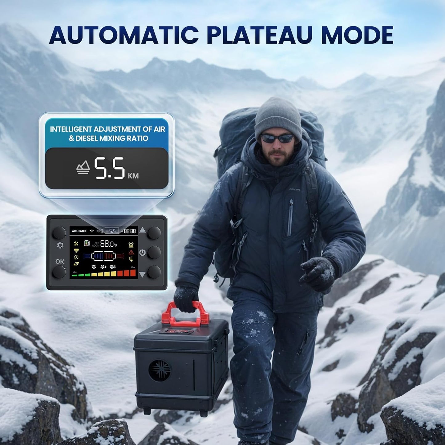 Portable 5L diesel heater in compact toolbox-style case

Heater unit showing dual AC and DC input ports

Close-up of advanced fuel output control display

Portable heater shown in car trunk for mobile use

5L heater for garages, camping, and home emergencies