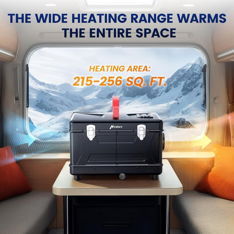 Portable 5L diesel heater in compact toolbox-style case

Heater unit showing dual AC and DC input ports

Close-up of advanced fuel output control display

Portable heater shown in car trunk for mobile use

5L heater for garages, camping, and home emergencies