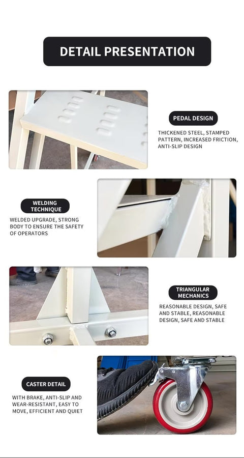 rolling industrial warehouse ladder with six steps and wheels

8-step heavy-duty steel ladder with locking caster wheels

side view of gray steel mobile safety ladder in warehouse setting

anti-slip steel step details with lockable brakes

rolling ladder showing directional caster system

