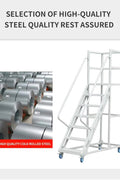 rolling industrial warehouse ladder with six steps and wheels

8-step heavy-duty steel ladder with locking caster wheels

side view of gray steel mobile safety ladder in warehouse setting

anti-slip steel step details with lockable brakes

rolling ladder showing directional caster system

