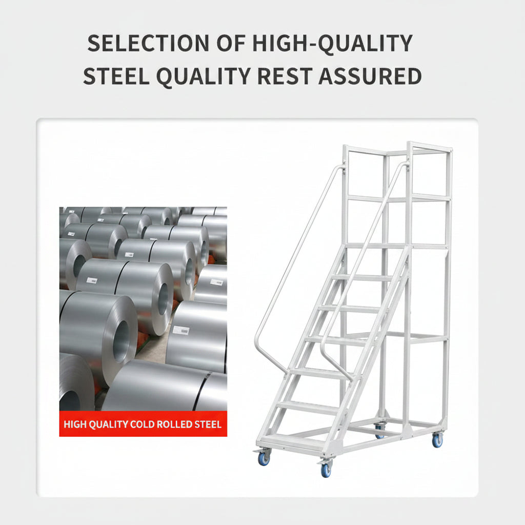 rolling industrial warehouse ladder with six steps and wheels

8-step heavy-duty steel ladder with locking caster wheels

side view of gray steel mobile safety ladder in warehouse setting

anti-slip steel step details with lockable brakes

rolling ladder showing directional caster system

