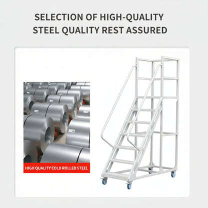 rolling industrial warehouse ladder with six steps and wheels

8-step heavy-duty steel ladder with locking caster wheels

side view of gray steel mobile safety ladder in warehouse setting

anti-slip steel step details with lockable brakes

rolling ladder showing directional caster system

