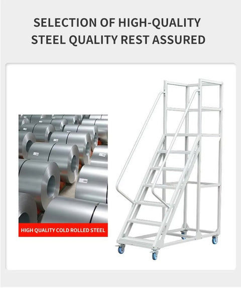 rolling industrial warehouse ladder with six steps and wheels

8-step heavy-duty steel ladder with locking caster wheels

side view of gray steel mobile safety ladder in warehouse setting

anti-slip steel step details with lockable brakes

rolling ladder showing directional caster system


