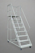 rolling industrial warehouse ladder with six steps and wheels

8-step heavy-duty steel ladder with locking caster wheels

side view of gray steel mobile safety ladder in warehouse setting

anti-slip steel step details with lockable brakes

rolling ladder showing directional caster system

