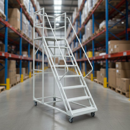 rolling industrial warehouse ladder with six steps and wheels

8-step heavy-duty steel ladder with locking caster wheels

side view of gray steel mobile safety ladder in warehouse setting

anti-slip steel step details with lockable brakes

rolling ladder showing directional caster system

