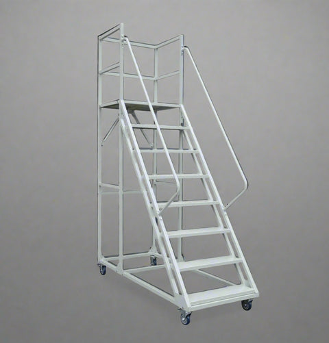 rolling industrial warehouse ladder with six steps and wheels

8-step heavy-duty steel ladder with locking caster wheels

side view of gray steel mobile safety ladder in warehouse setting

anti-slip steel step details with lockable brakes

rolling ladder showing directional caster system

