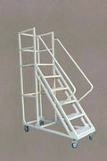 rolling industrial warehouse ladder with six steps and wheels

8-step heavy-duty steel ladder with locking caster wheels

side view of gray steel mobile safety ladder in warehouse setting

anti-slip steel step details with lockable brakes

rolling ladder showing directional caster system

