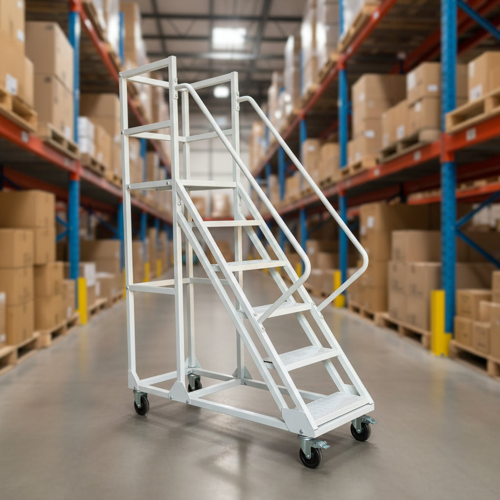 rolling industrial warehouse ladder with six steps and wheels

8-step heavy-duty steel ladder with locking caster wheels

side view of gray steel mobile safety ladder in warehouse setting

anti-slip steel step details with lockable brakes

rolling ladder showing directional caster system

