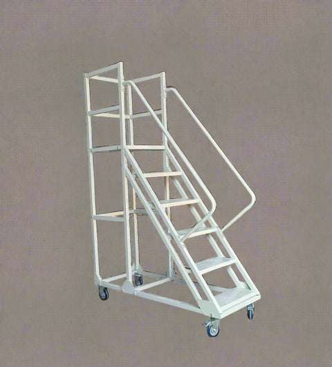 rolling industrial warehouse ladder with six steps and wheels

8-step heavy-duty steel ladder with locking caster wheels

side view of gray steel mobile safety ladder in warehouse setting

anti-slip steel step details with lockable brakes

rolling ladder showing directional caster system


