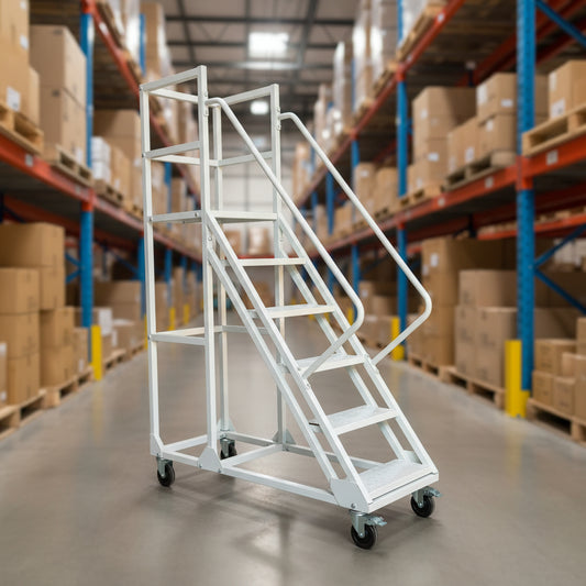 rolling industrial warehouse ladder with six steps and wheels

8-step heavy-duty steel ladder with locking caster wheels

side view of gray steel mobile safety ladder in warehouse setting

anti-slip steel step details with lockable brakes

rolling ladder showing directional caster system

