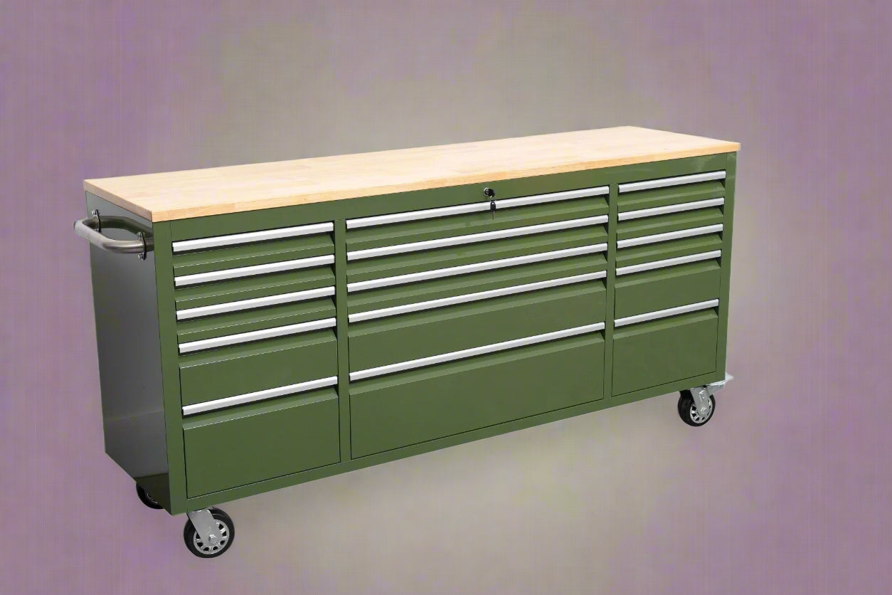 Red 6FT Rolling Tool Workbench with USB and Power Strip

Blue 15-Drawer Steel Workbench with Wheels

Gray Tool Cabinet with Power Outlets – 6FT

Purple Garage Tool Chest with USB Ports

Stainless Steel Heavy-Duty Tool Workbench