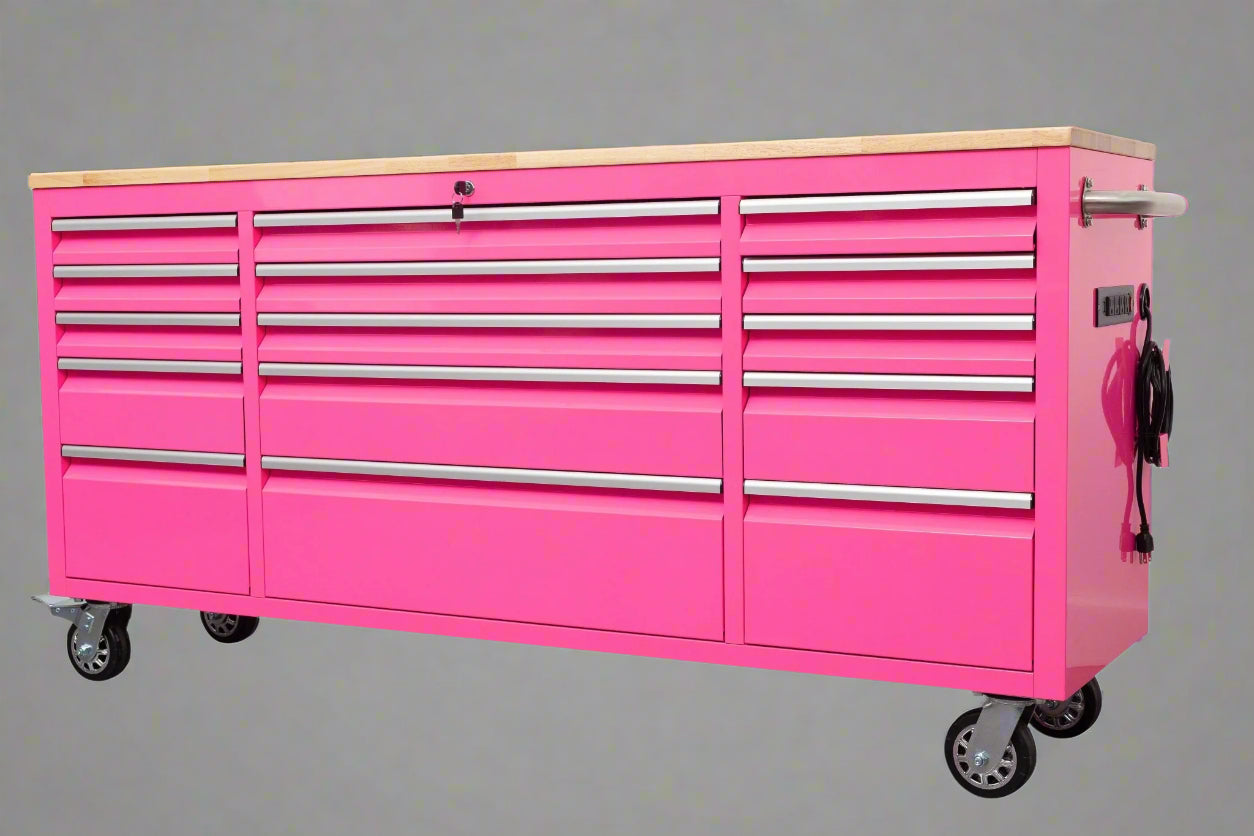 Red 6FT Rolling Tool Workbench with USB and Power Strip

Blue 15-Drawer Steel Workbench with Wheels

Gray Tool Cabinet with Power Outlets – 6FT

Purple Garage Tool Chest with USB Ports

Stainless Steel Heavy-Duty Tool Workbench