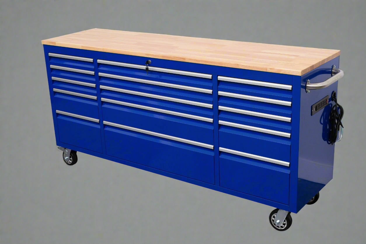 Red 6FT Rolling Tool Workbench with USB and Power Strip

Blue 15-Drawer Steel Workbench with Wheels

Gray Tool Cabinet with Power Outlets – 6FT

Purple Garage Tool Chest with USB Ports

Stainless Steel Heavy-Duty Tool Workbench