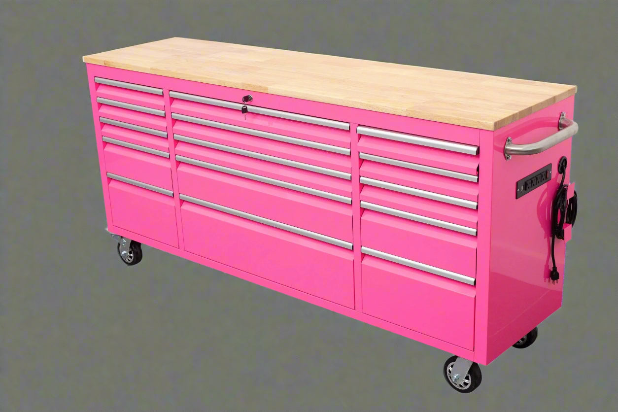 Red 6FT Rolling Tool Workbench with USB and Power Strip

Blue 15-Drawer Steel Workbench with Wheels

Gray Tool Cabinet with Power Outlets – 6FT

Purple Garage Tool Chest with USB Ports

Stainless Steel Heavy-Duty Tool Workbench