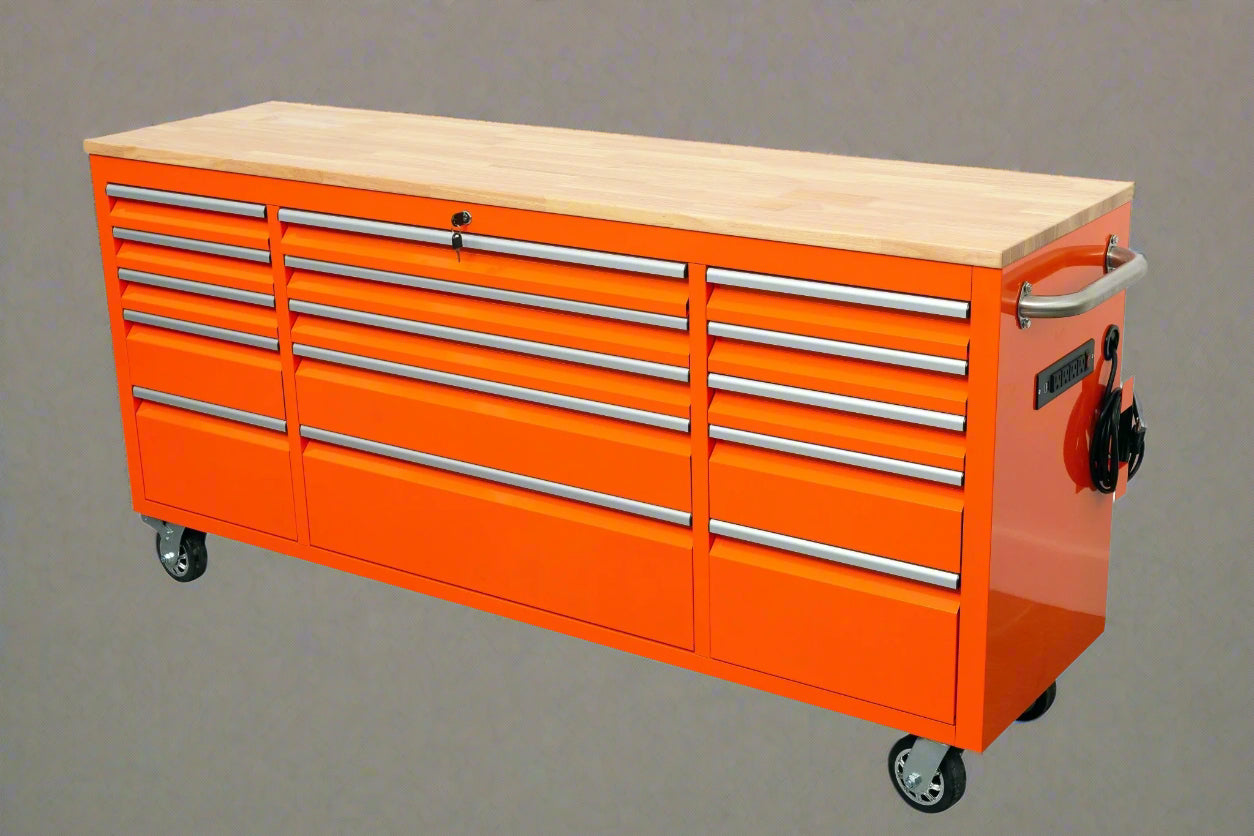 Red 6FT Rolling Tool Workbench with USB and Power Strip

Blue 15-Drawer Steel Workbench with Wheels

Gray Tool Cabinet with Power Outlets – 6FT

Purple Garage Tool Chest with USB Ports

Stainless Steel Heavy-Duty Tool Workbench