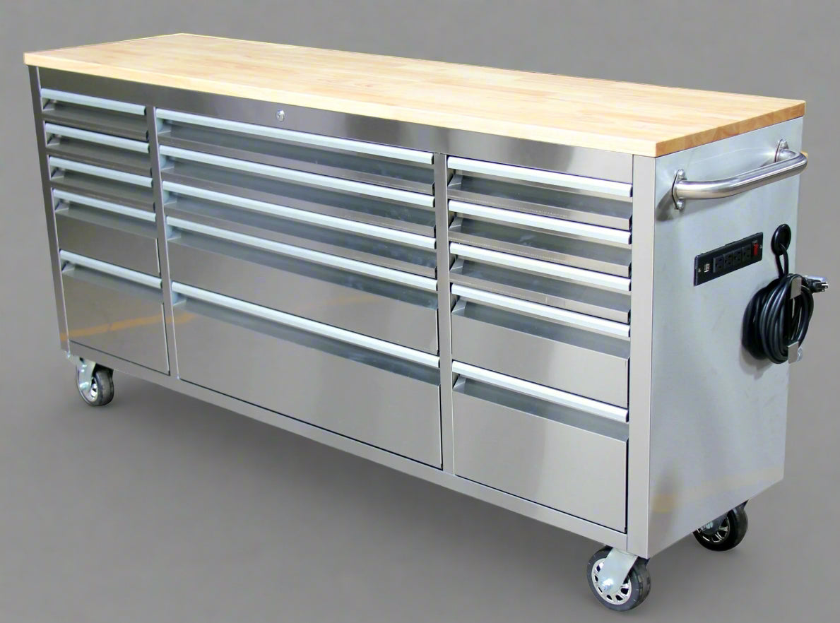 Red 6FT Rolling Tool Workbench with USB and Power Strip

Blue 15-Drawer Steel Workbench with Wheels

Gray Tool Cabinet with Power Outlets – 6FT

Purple Garage Tool Chest with USB Ports

Stainless Steel Heavy-Duty Tool Workbench