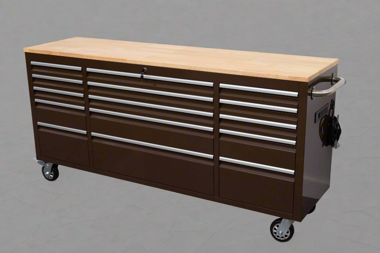 Red 6FT Rolling Tool Workbench with USB and Power Strip

Blue 15-Drawer Steel Workbench with Wheels

Gray Tool Cabinet with Power Outlets – 6FT

Purple Garage Tool Chest with USB Ports

Stainless Steel Heavy-Duty Tool Workbench