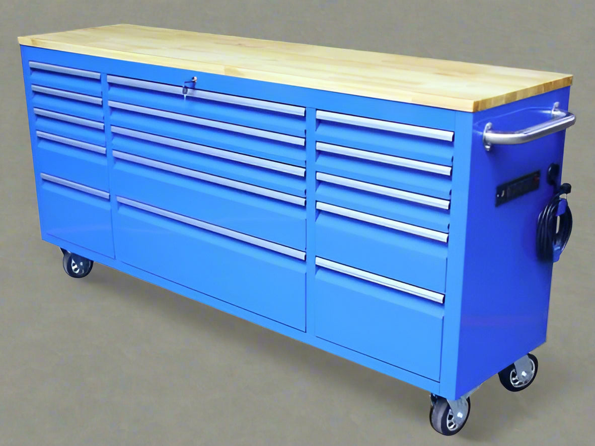 Red 6FT Rolling Tool Workbench with USB and Power Strip

Blue 15-Drawer Steel Workbench with Wheels

Gray Tool Cabinet with Power Outlets – 6FT

Purple Garage Tool Chest with USB Ports

Stainless Steel Heavy-Duty Tool Workbench