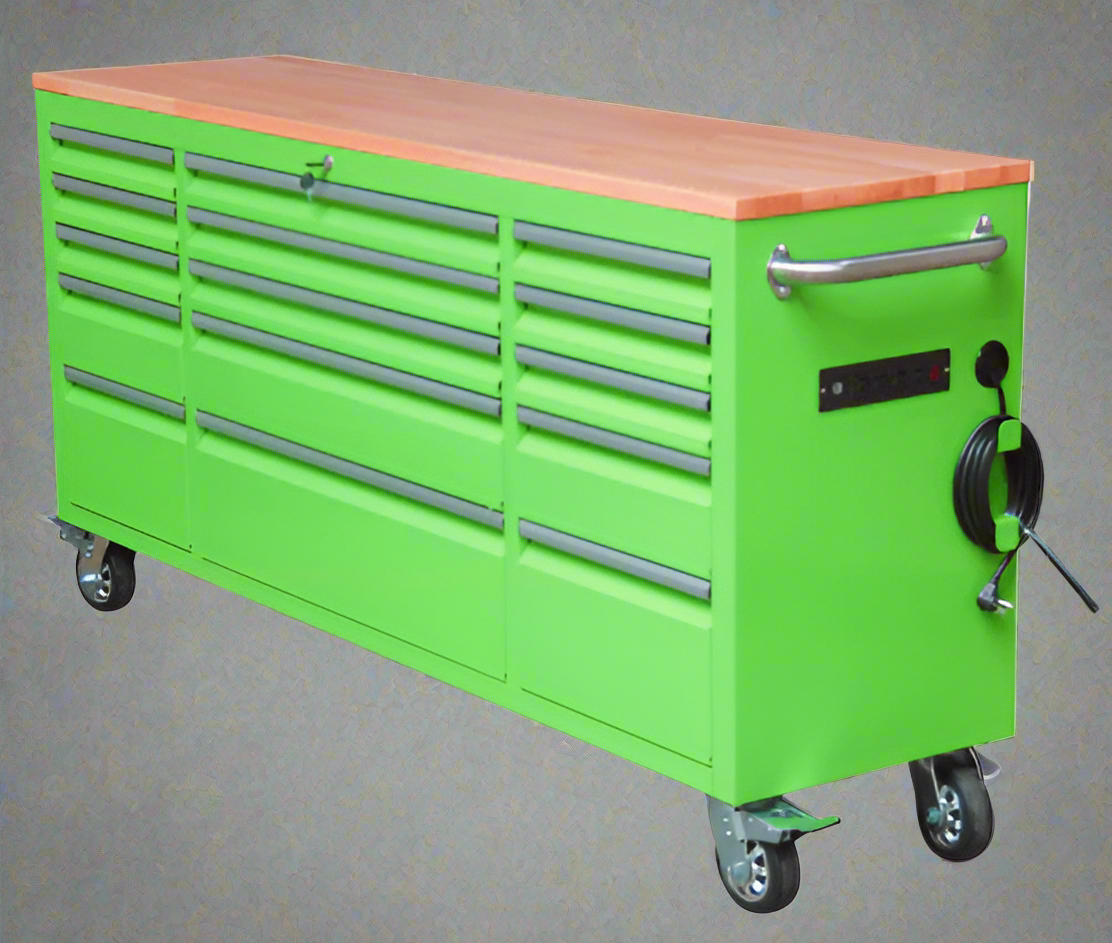 Red 6FT Rolling Tool Workbench with USB and Power Strip

Blue 15-Drawer Steel Workbench with Wheels

Gray Tool Cabinet with Power Outlets – 6FT

Purple Garage Tool Chest with USB Ports

Stainless Steel Heavy-Duty Tool Workbench